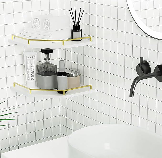 Tirzah White Wall Mount Corner Shelf with Gold Metal Guardrail, 2-Tier 9.5-inch Diamond-Shaped Wood Corner Floating Shelves for Home Decor Kitchen Organizer