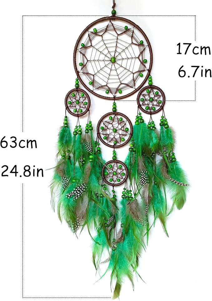 Large Dream Catcher Wall Decor Green Dream Catchers with Wooden Bead Handmade Feather Dreamcatcher Wall Hanging Ornament for Bedroom Living Room Home Decor