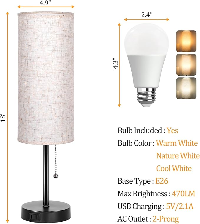 Dott Arts 18" Table Lamp for Bedroom, 3-Color Bedside Lamps with Pull Chain, Bedroom Table Lamps for Nightstand,AC Outlet Small Lamp for Living Room, Bulb Included Flax