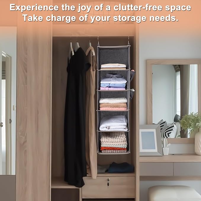 BOOMIBOO Hanging Closet Organize and Shelves，5-Hanging Shelf with 2 Side Pockets，Storage Foldable （Black）