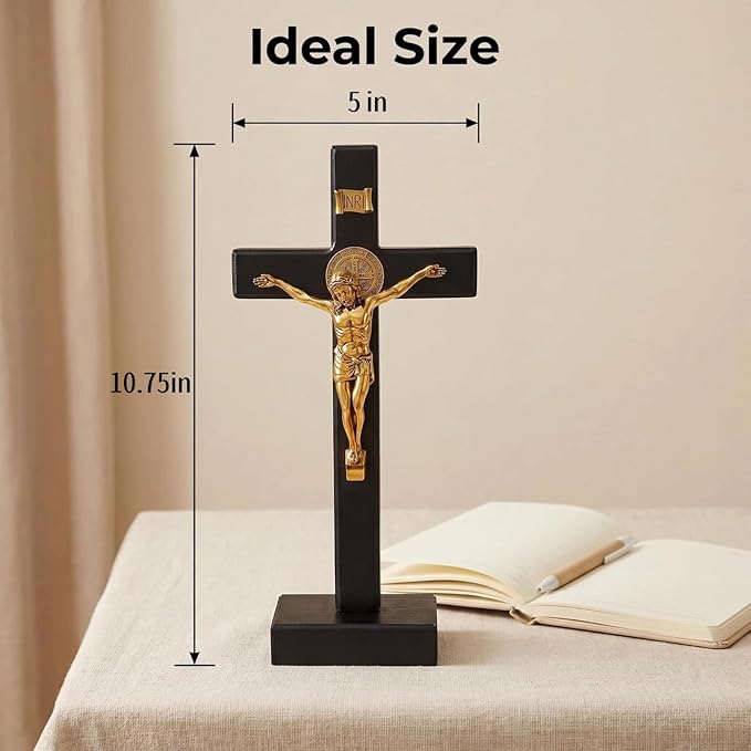 PHYUKEY St. Benedict Standing Crucifix 10.75in, Wooden Wall Cross with Golden Alloy Jesus Christ & INRI, Catholic Tabletop Crucifix with Detachable Stand - Confirmation & Home Altar Decor