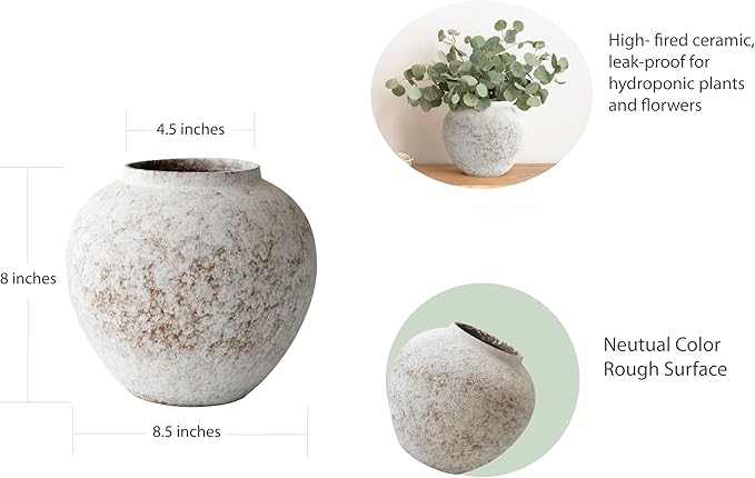 Rustic Farmhouse Textured Ceramic Vase, Large Round Distressed White Pottery Flower Vase for Centerpieces, Kitchen, Living Room, Bedroom, Table Top Decor, Gift & Weddings