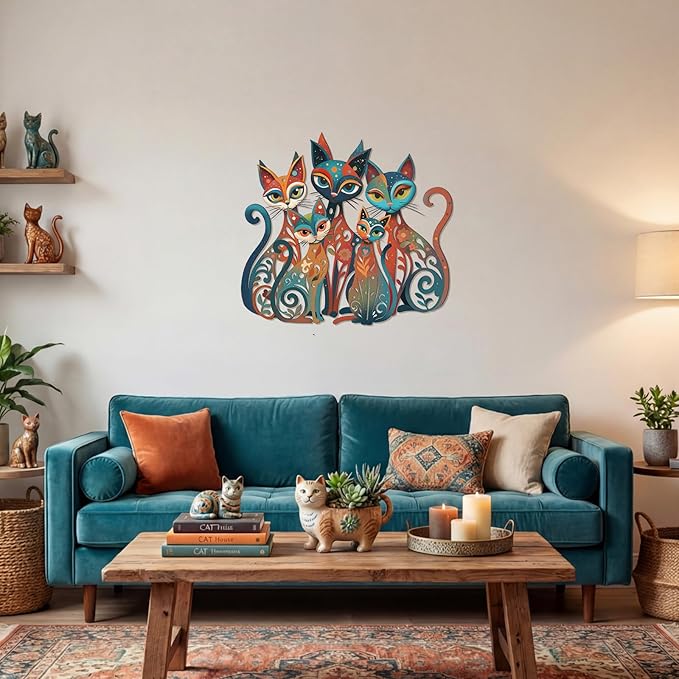 Wesiti Cat Wall Art Decor Iron Wall Sculptures Decor for Cats Lover 13.58 x 12.40 Inches Colorful Mid Century Cat Retro Signs for Home Living Room Bedroom Kitchen Office(Timeless)