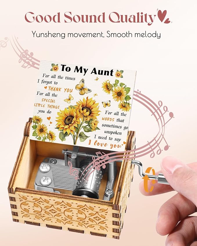 Swooflia Mother's Day Wooden Music Box for Aunt - Hand Crank Engraved Musical Box Vintage Mechanism Personalized Gifts for Mom Daughter Niece Granddaughter Grandma Friend Jesus On Birthday