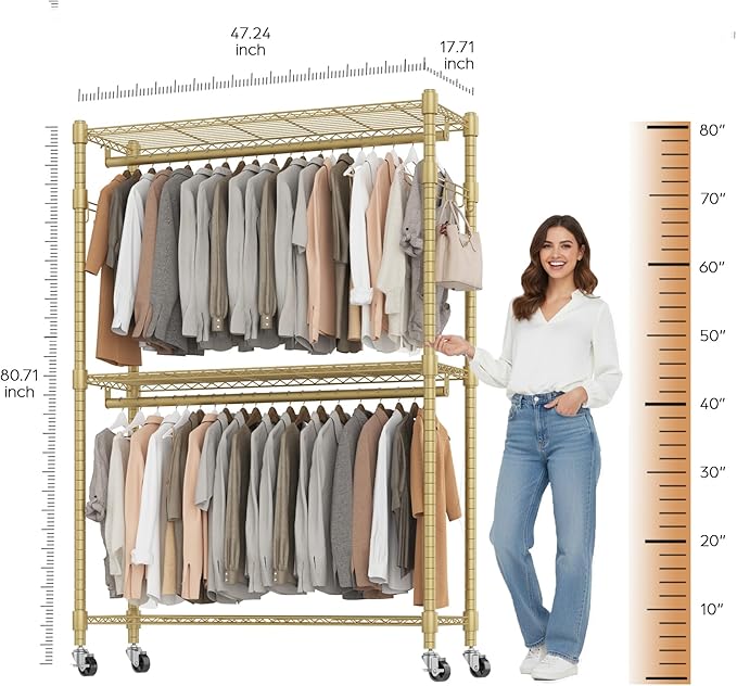 BATHWA Heavy Duty Garment Rack on Wheels, Rolling Clothes Racks for hanging clothes, Modern Closet Wardrobe Clothing Rack with 8 Side Hangers, Gold