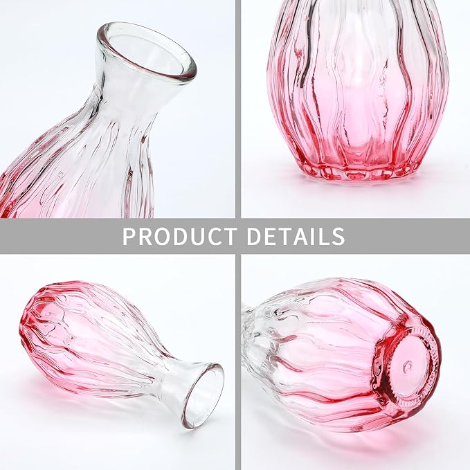 Mapoxy Glass Bud Vases Set of 4,Small Pink Flower Vases for Wedding Centerpiece Table Decorations,Clear Vintage Embossed Mini Vases,Flower Arrangements in Vases for Party or Home Decor
