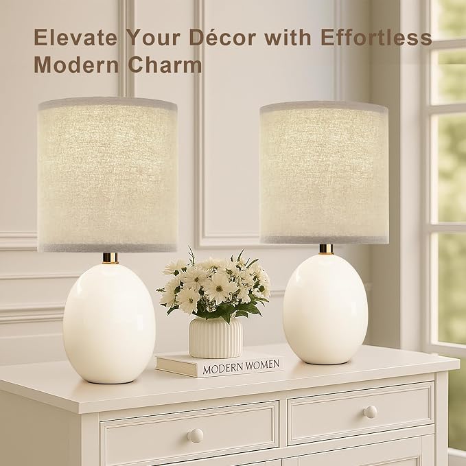 Dawnwake 17.3" Table Lamp Set of 2 for Living Room Bedroom, Bedside Lamps for Night Stands, Desk Nightstand Lamp Dimmable, Modern Linen Cream Ceramic Lamps (White-B)