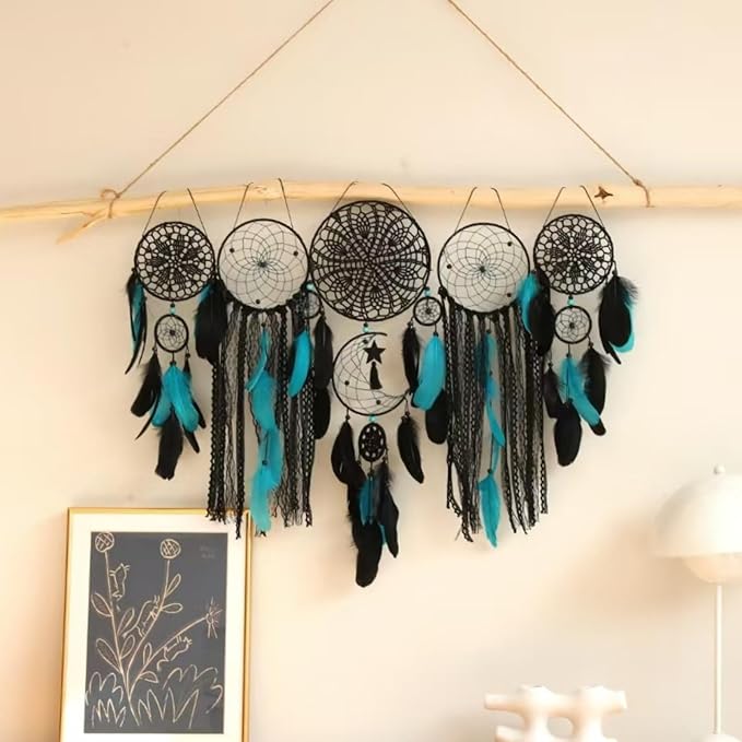 5 Pack Moon Phase Dreamcatcher Set Boho Wall Decor, Boho Macrame Wall Hanging Dream Catchers, for Home, Bedroom, Living Room, Witchy Gifts (Black Blue)