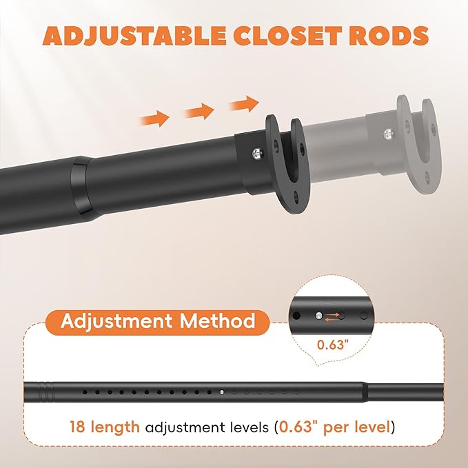 Closet Rod 30-63 Inches, Adjustable Heavy Duty Metal Black Closet Rods for Hanging Clothes 1.3 Inches Diameter for Wardrobes Laundry