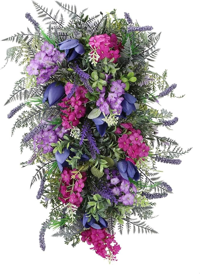 17.7inch Purple Tulip Swag for Front Door, Artificial Tulip Teardrop Swag, Artificial Floral Swag, Spring Summer Wreaths for Front Door Indoor Outdoor Window Decor(#1)