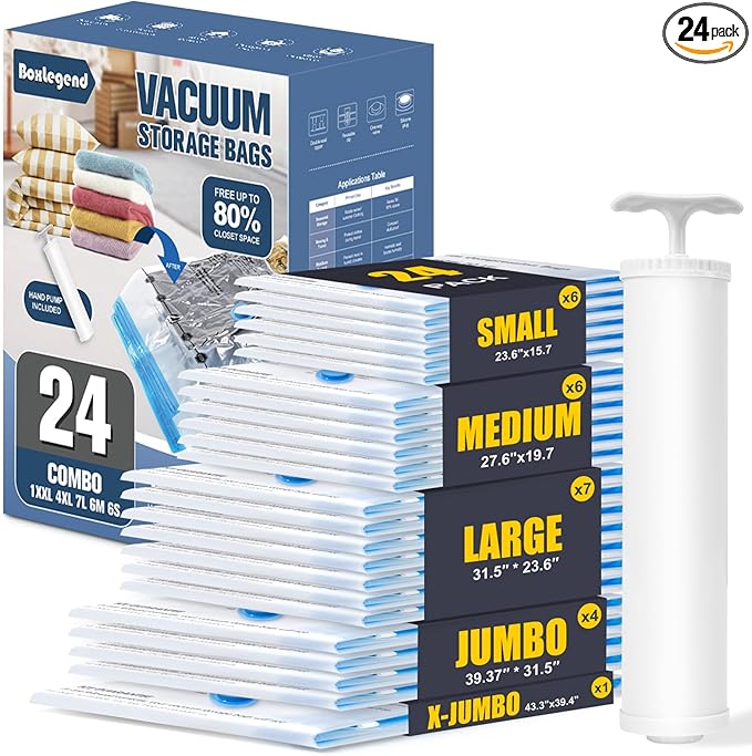 BoxLegend Vacuum Storage Bags with Large Hand Pump 24 Combo (1X-Jumbo, 4 Jumbo, 7 Large, 6 Medium, 6 Small) Thickened Vacuum Seal Bags for Clothing Blanket Pillow Comforters Bedding Quilt Coat
