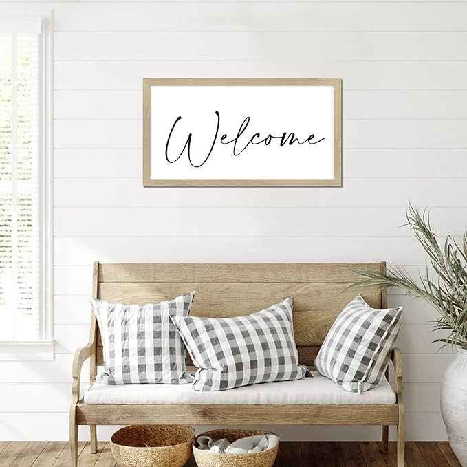Positive Saying Wood Sign with Scripture Verses Welcome Chic Style 12x22in Beige Frame Wooden Plaque for Cottage Washroom Cafe Bar Garden Yard Farmhouse Porch Wall Decor Birthday Housewarming Gift