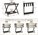 Fully Assembled Black Luggage Rack for Guest Room, Bamboo Folding Suitcase Stand with Fabric Storage Shelf, 5 Nylon Straps, Upgraded Luggage Rack Holder for Bedroom Hotel, Holds up to 165 Lbs, 1pcs