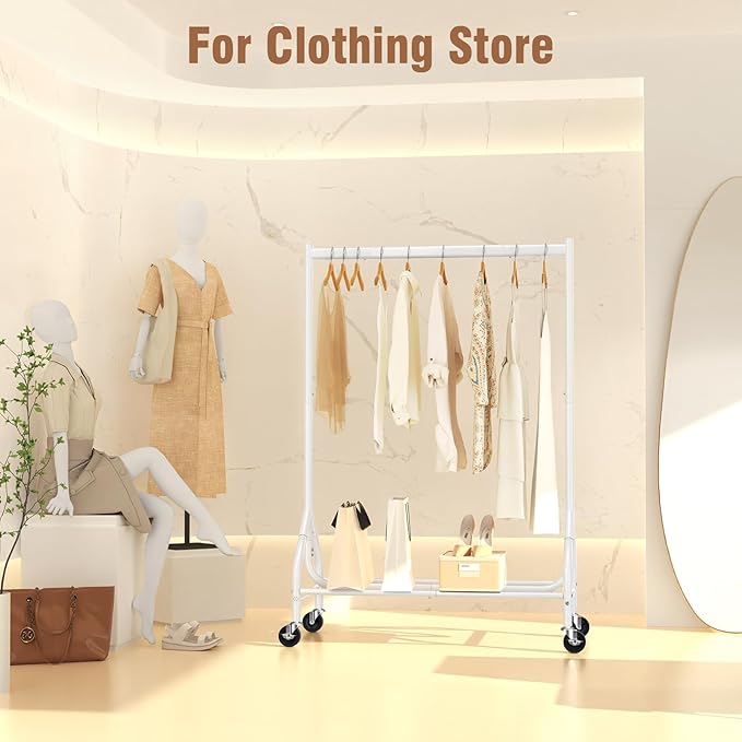 EAGMAK Heavy Duty Clothes Rack Load 420 LBS, Rolling Garment Rack with Lockable Wheels, Standing Metal Clothing Rack with Shelves, Portable Wardrobe Sturdy Coat Rack for Hanging Clothes (White