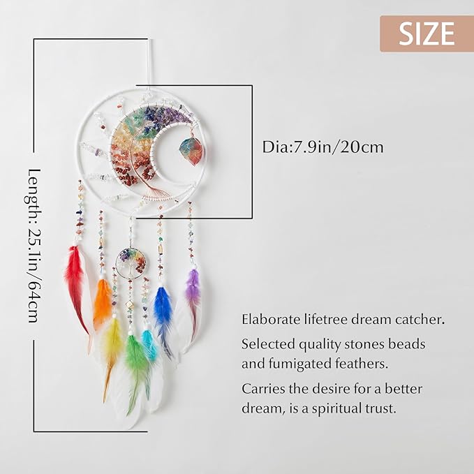 7 Chakras White Dream Catchers Tree of Life Dream Catcher Rainbow Feather Dreamcatcher Wall Decor with Healing Crystal & Fluorite Wall Art Hanging for Bedroom Home Decor Bless Gift Wedding Garden