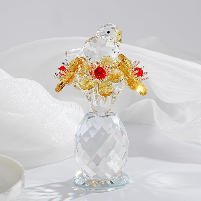 Crystal Bird & Forget-Me-Not Flower Figurine,3x4 inch Glass Flower Collectible Ornaments for Home Decor Table Centerpiece Glass Bouquet Flowers Keepsake Gifts for Women （Yellow）