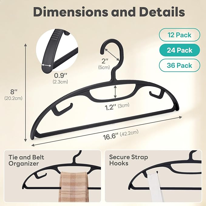 HOUSE DAY Plastic Clothes Hangers 24 Pack, Sweater Hangers No Shoulder Bump, Thick Heavy Duty Coat Hanger for Closet, Black Wide Hanger with Non-Slip Hook for Sweaters, Suits, Dresses, Jackets, Pants