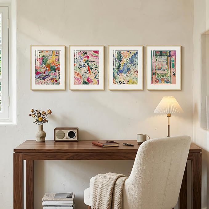 Framed Matisse Wall Art Set of 4, Colorful Abstract Landscape Wall Painting Prints, Vintage Retro Aesthetic Wall Decor for Bathroom Bedroom Hallway Office 11x14 Inch