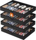 Lifewit Under Bed Shoe Storage Organizer 4 Pack(14 Pairs), 4.3" Tall Fabric Shoes Container Box, Foldable Closet Shoe Bag with 2 Reinforced Handles and Clear Cover, Black