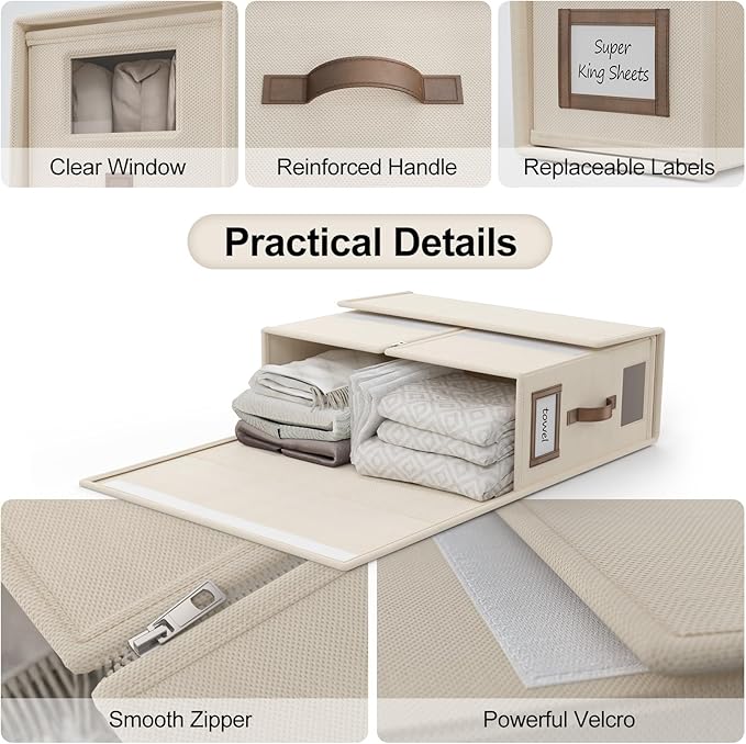 8 Pack Foldable Bed Sheets Set Organizers and Storage(Cal King Size),Linen Fabric Closet Organizers with Window,Folding Bedding Storage Box for Bedsheets and Pillow Cube Organizer-Beige