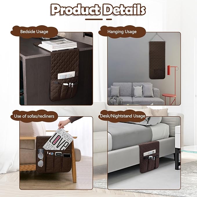Huakaile Foldable Remote Control Holder Non-Slip Couch Sofa Chair Waterproof Armrest Organizer with 5 Pockets Armrest Organizer Couch Recliner Caddy Fits for Ipad, Phone, Magazines (Coffee)