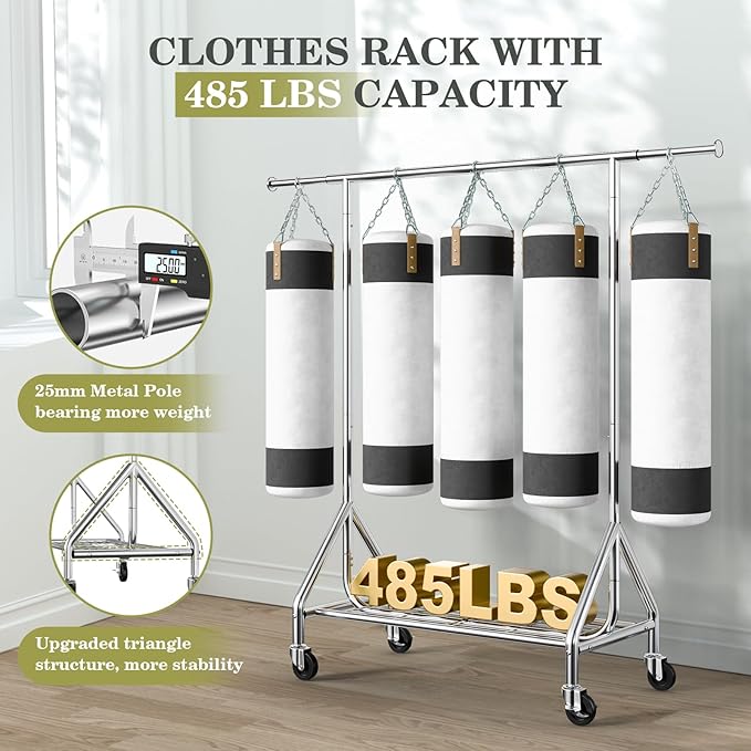 Clothes Rack Load 450 LBS, Heavy Duty Garment Rack, Standing Rolling Metal Hanging Clothes with Sturdy Wheels & Shelves, Silver