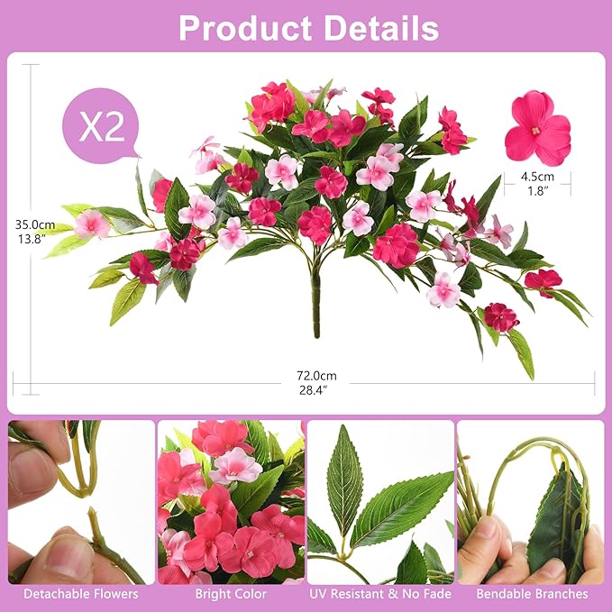 Artificial Flowers for Outdoor, 2 Bundles UV Resistant Fake Plants Decoration Realistic Faux Silk Flowers No Fade Plastic Flowers for Outside Planters Home Porch Patio Yard Garden Decor