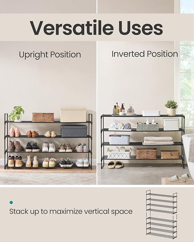 SONGMICS Shoe Rack, 4-Tier Shoe Organizer, Metal Storage Shelf, Upright or Upside Down, for 25-30 Pairs, Stackable, for Entryway, 11.8 x 46.1 x 28.4 Inches, Black ULSA034B01