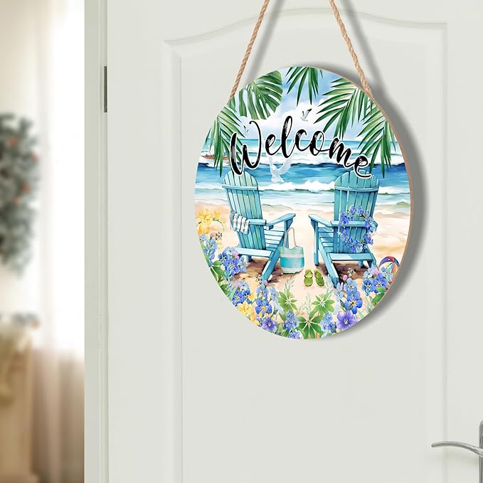 Welcome Summer Sea Chair Front Door SignFlower Wall Hanging Round Door Hanger Farmhouse Coastal Beach Wooden Wreath for Front Door Hello Summer Outdoor Outside Porch Decor 12"X12"