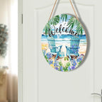 Welcome Summer Sea Chair Front Door SignFlower Wall Hanging Round Door Hanger Farmhouse Coastal Beach Wooden Wreath for Front Door Hello Summer Outdoor Outside Porch Decor 12"X12"