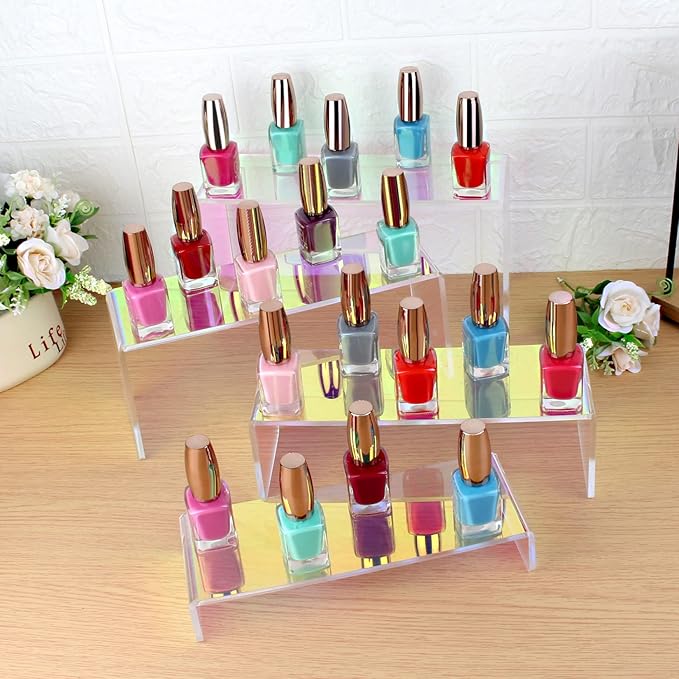 ELEGANTLIFE Acrylic Display Risers Set of 4, 4-Level Tiered Display Stands for Cupcakes, Small Figures & Jewelry, Compact Countertop Display Shelf, Multiple Colors Available (Iridescent)