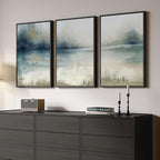 Large Framed Abstract Landscape Wall Art, 3 Piece Blue Watercolor Canvas Prints Paintings Artwork for Walls, Misty Lake Mountain Nature Pictures for Living Room Entryway Bedroom Wall Decor 20x30 In