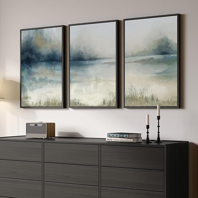 Large Framed Abstract Landscape Wall Art, 3 Piece Blue Watercolor Canvas Prints Paintings Artwork for Walls, Misty Lake Mountain Nature Pictures for Living Room Entryway Bedroom Wall Decor 20x30 In