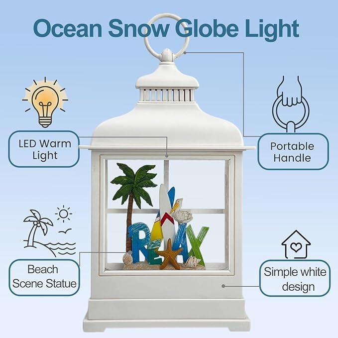 Tropical Beach Vacation Themed Snow Globe Lantern with Music - USB or Battery Powered Light Up Water Lantern with Surfboard Swirling Glitter Water Globe Costal Ocean Decor (Coconut Tree)