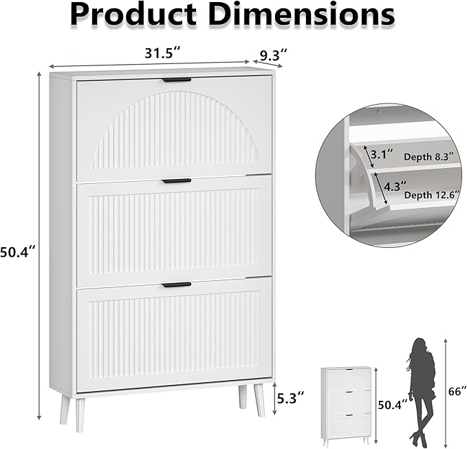 Shoe Cabinet for Entryway with 3 Flip Drawers, Slim Wooden Shoe Storage Organizer with Modern Fluted Pannel，Freestanding Narrow Hidden Shoe Rack for Hallway, Foyer, Living Room