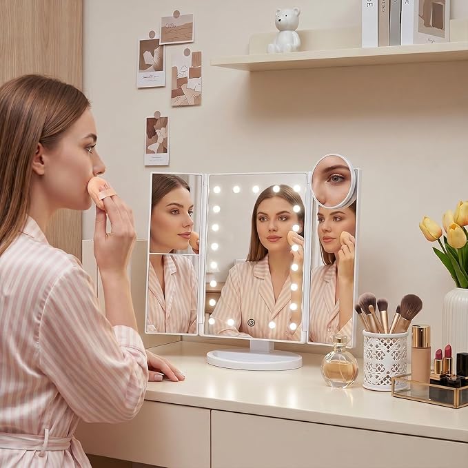 HUONUL Makeup Mirror, Vanity Mirror with Lights, 2X/3X/10X Magnification, Touch Control, Trifold, Dual Power Supply, Birthday Gifts for Women, Wife, Mom, Girls,Dorm Room Essentials