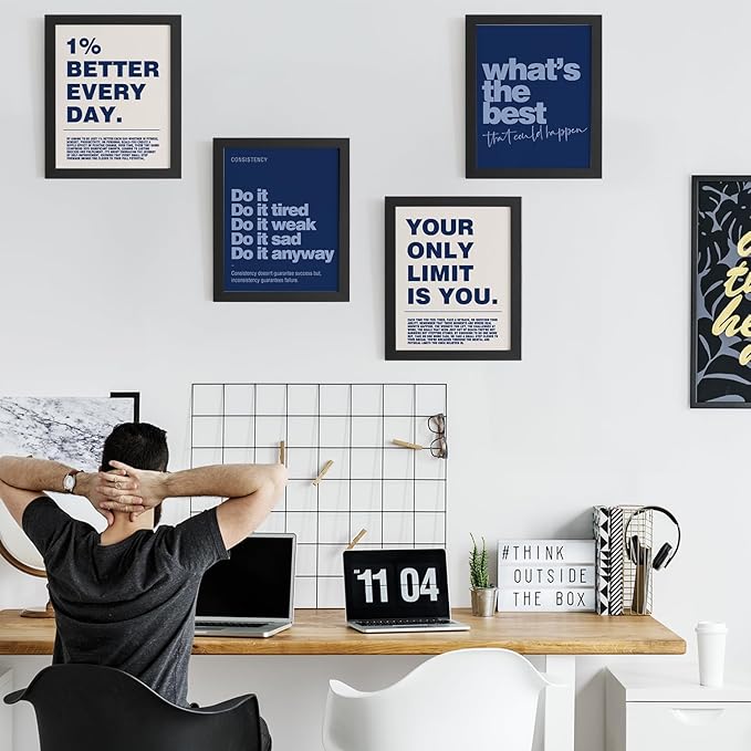 DSHFG Motivational Inspirational Office Wall Art Decor Prints Set of 4, Navy Blue Motivational Wall Decor Trendy Retro Posters for Office Home Decor, 8x10 Unframed