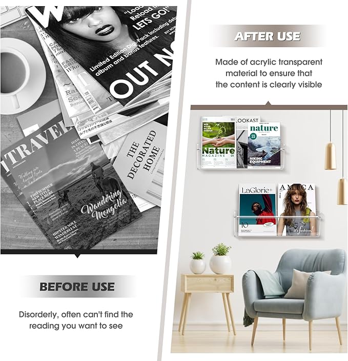 Clear Acrylic Wall Magazine Holder & Brochure Holder, Nursery Book Shelves for School Kids Room Waiting Room Living Room Office Home Display Decor (2 Pack 17 Inch)