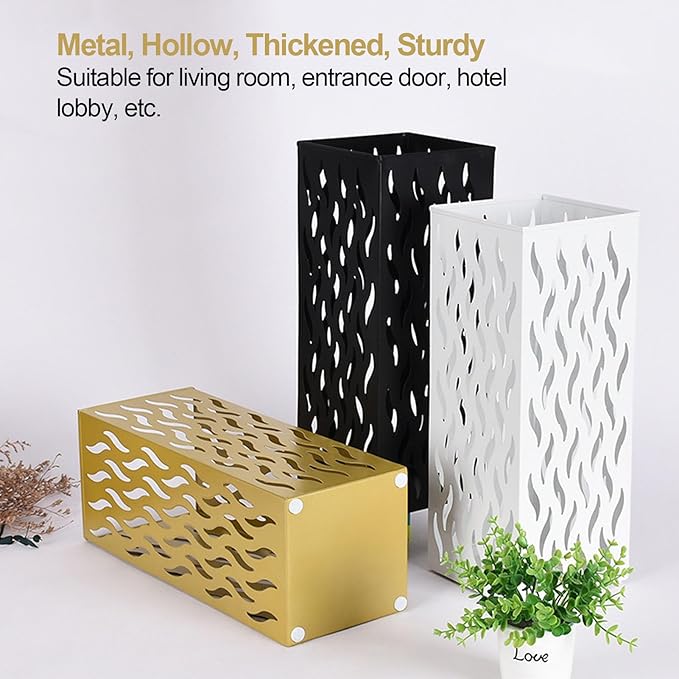 Umbrella Organizer, Multifunctional Umbrella Holder, Hollow Pattern Design Square Shape Umbrella Stand Rack, Metal Umbrella Basket Holder Stand for Home Hotel (Gold)