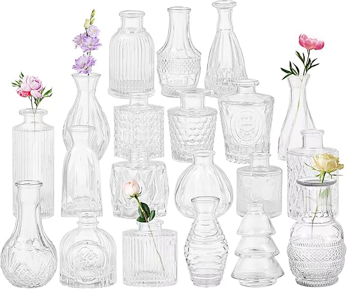 Set of 20 Glass Bud Vases,Small Clear Vases,Wedding Centerpiece Table Decorations,Clear Vintage Embossed Mini Vases,Flower Arrangements in for Party or Home Decor