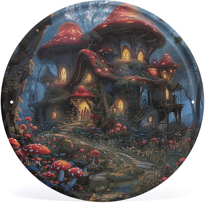Wall Picture, with Mushrooms and Flowers Printed Circular Iron Hanging Picture,Wall Art Decor,Home for Bedroom Living Room Bathroom Decor,Iron Painting 11.8X11.8 in