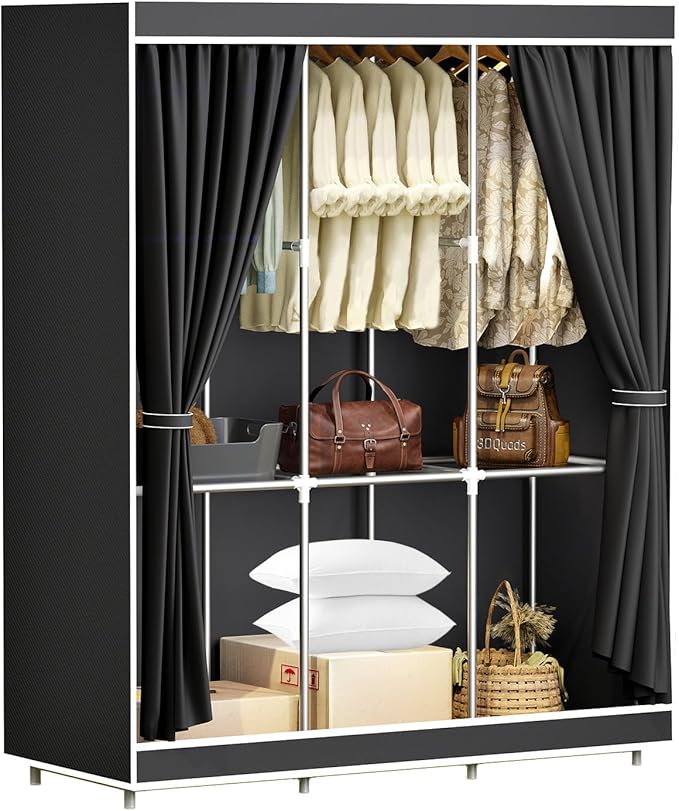 Portable Closet, Portable Closets for Hanging Clothes with 3 Hanging Rods and 6 Storage Shelves, Non-Woven Fabric Cover, Black Wardrobe Closet Easy to Assemble and Strong and Stable