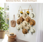 Macrame Hat Organizer Rack for Wall 15 Clips 31x53in Large Fedora Hat Hangers Display for Wide Brimmed Hat Holder Storage Boho Decor for Fedora Sun Straw Panama Closet Bedroom Brown
