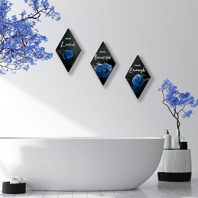 ONIZHITY 3 Pieces Blue Wall Decor Rose Wooden Bathroom Decor Positive Quotes You Are Beautiful Blue decor blue and Black Wall Decor for Bedroom Room Kitchen Bathroom Wedding Decor(12 x 7 inch)