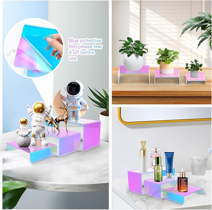 12 PCs Small Iridscent Risers Display Stands 3 Tiers Desktop Acrylic Shelves Small Cake Dessert Holder Products Stand for Collectibles Shoes Jewels Pop Figure (Iridescent2)