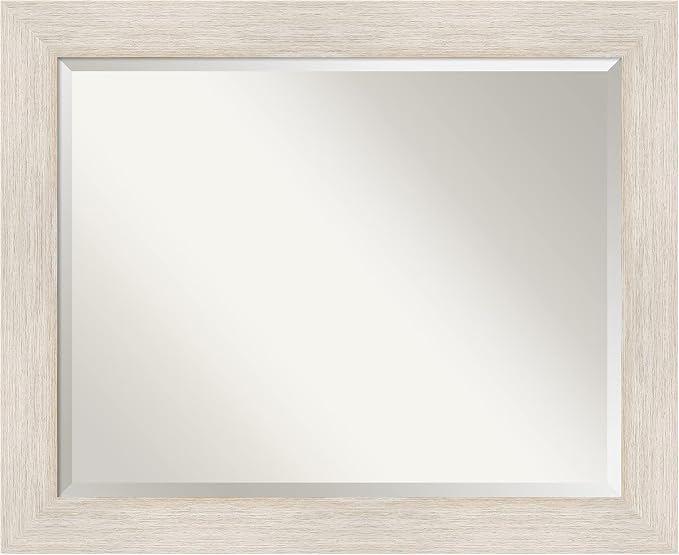 Amanti Art White Wall Mirror 27x33 Hardwood White Wash Rectangle Bathroom Mirror for Wall Decor Living Room, Large Country Rustic Wood Frame, Hangs Horizonally and Vertically, Bathroom Decor, Beveled