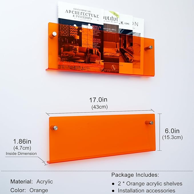 2 Pack Orange Acrylic Magazine Holder, Wall Mount Hanging Bookshelf Literature Storage Rack, Brochure File Display Shelf for Waiting Room, Living Room, Office, Home