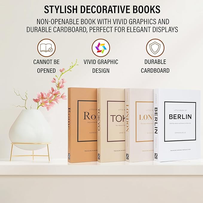 PROBENEX Warm Mocha Faux Decorative Books Set of 4 – Modern Farmhouse Brown Coffee Table Book Stack | Rustic Neutral Shelf Decor for Cozy Living Room, Bedroom & Country Modern Home Styling