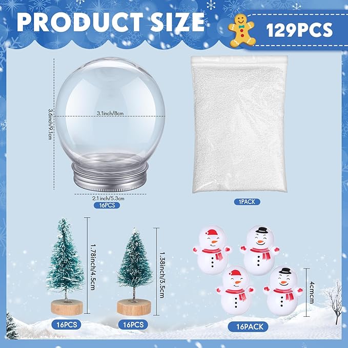 Jerify 16 Sets 3.58 Inch Christmas Plastic Clear Snow Globes Kit Water Globe with Screw Off Cap Artificial Christmas Trees Small Snowman Snowflakes for DIY Snow Globes Home Decoration Crafts