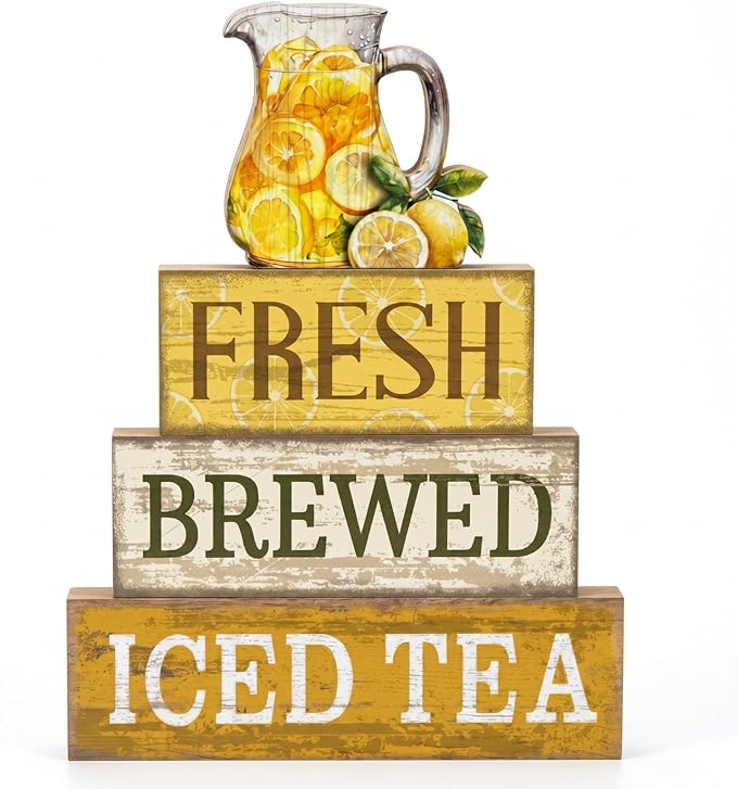 Moucuny 4 Pcs Summer Lemon Decor Summer Table Decorations Fresh Brewed Iced Tea Wooden Stacked Block Decor Rustic Summertime Tiered Tray Decoration for Kitchen Counter, Coffee Bar, Dining Table